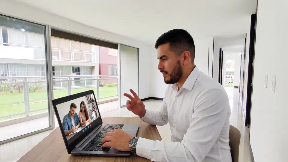 Luis Fernando Correa en una videollamada con una pareja de clientes